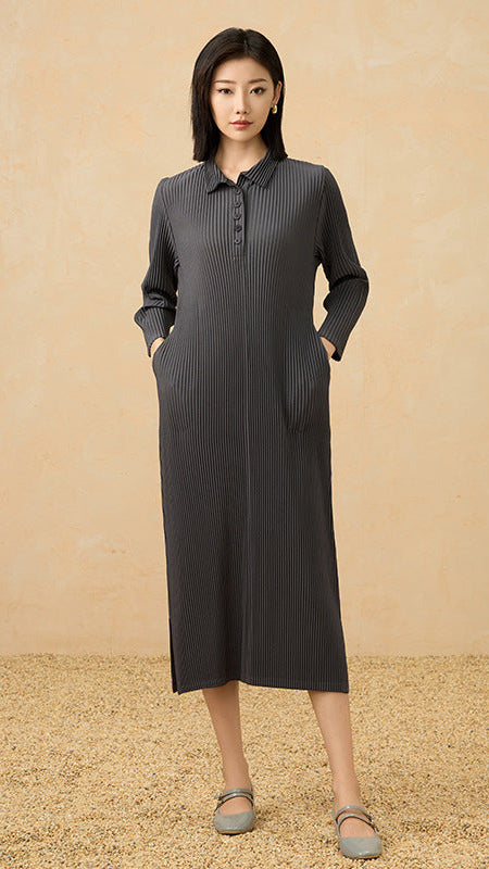 2025 Fall Pleated Midi Dress – Long Sleeve Polo Neck, Elegant Drape, Everyday Chic