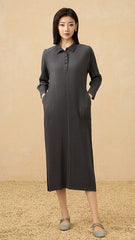 2025 Fall Pleated Midi Dress – Long Sleeve Polo Neck, Elegant Drape, Everyday Chic