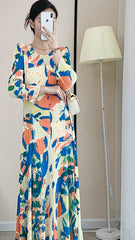 2025 Fall Winter Pleated Printed Dress – Slim Fit, Elegant High-End Style for Women