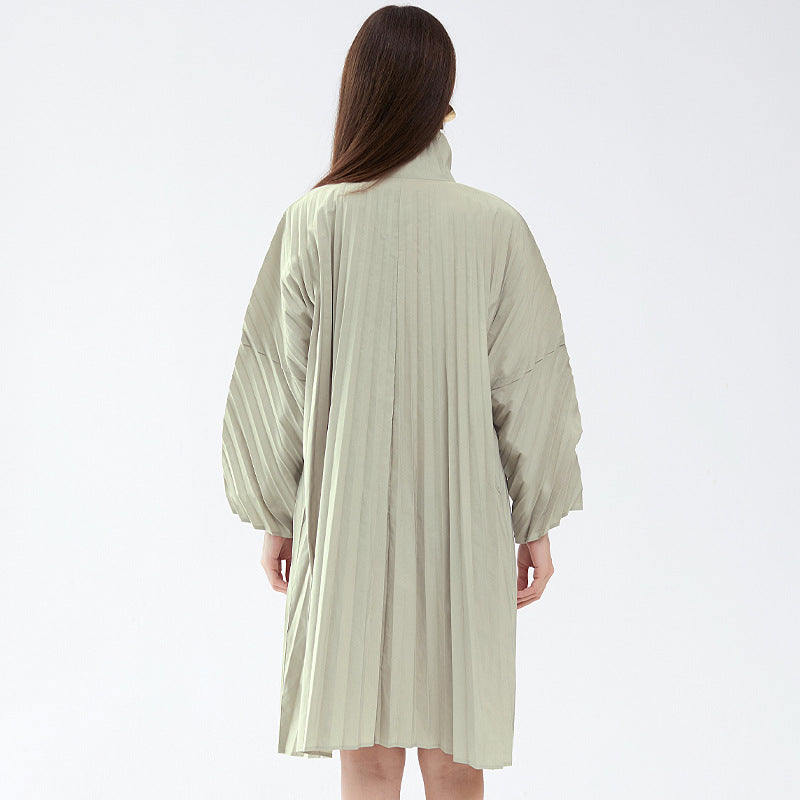 Pleats Please Solid Color Windbreaker – Pleated Midi-Length Trench Coat