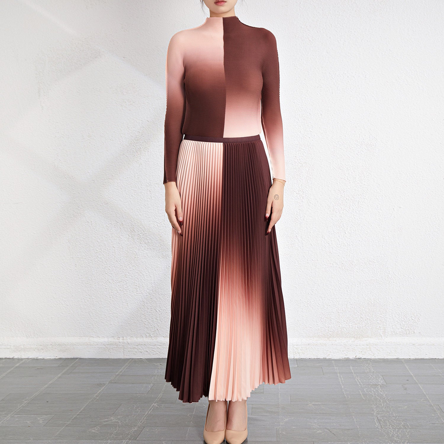 Pleated Top and Slim Skirt Two-Piece Set