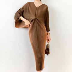 2025 Fall Winter Pleated Gradient Print Dress – Loose Fit, Plus-Size Friendly Elegant Maxi