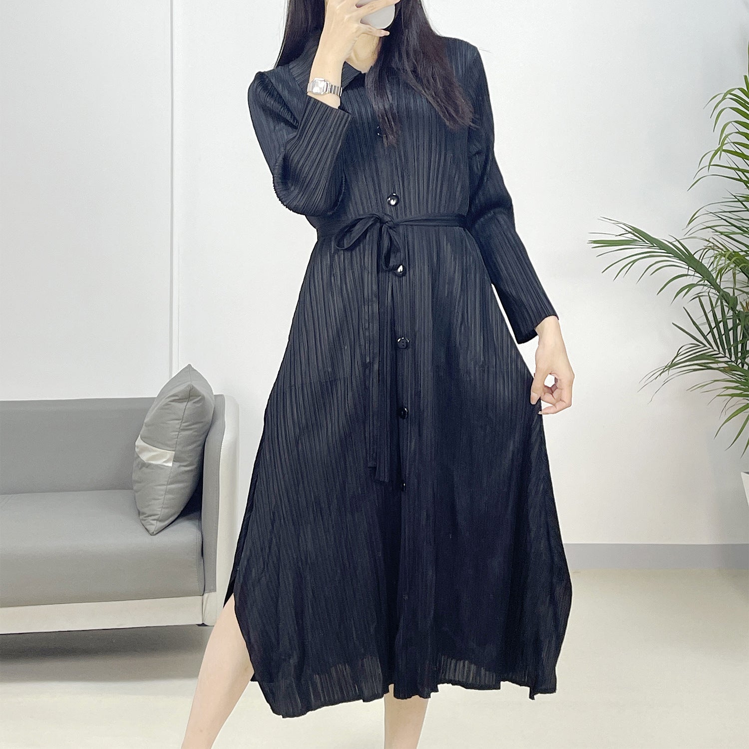2025 Fall Winter Pleated Tie-Waist Dress – Stretchy Loose Fit, Elegant & Versatile Style for Women