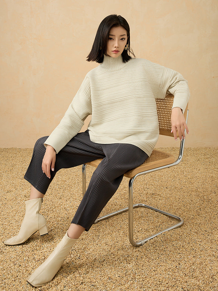 2025 Fall Winter High Neck Pleated Sweater – Retro Loose Fit, Cozy Thick Knit Pullover for Women