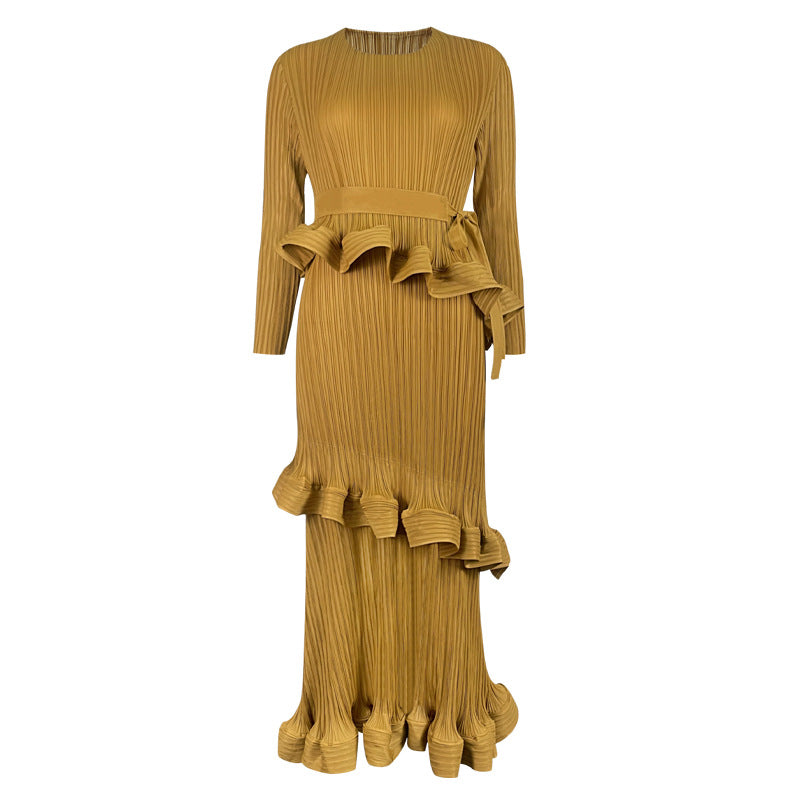 Pleated Ruffled Lace-Up Midi Dress – Slim Long Sleeve Women’s Style