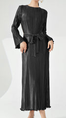 Pleats Please Long-Sleeve Maxi Dress – Pleated Lace-Up Waist Casual Style