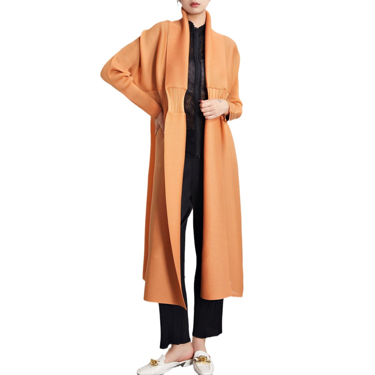 Pleated Midi Shawl Cardigan Coat – Elegant Lightweight Layer for Women