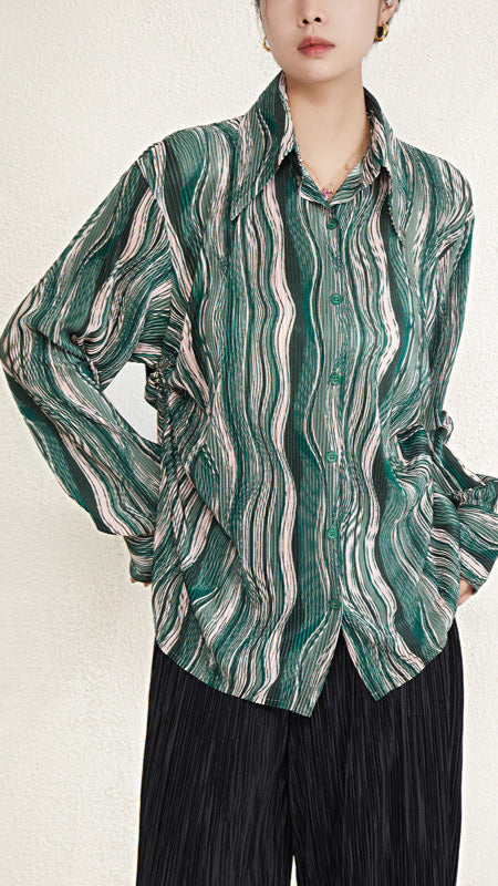 French vintage green long-sleeved shirt women's 2025 pleated new design shirt niche non-collision top