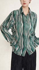French vintage green long-sleeved shirt women's 2025 pleated new design shirt niche non-collision top