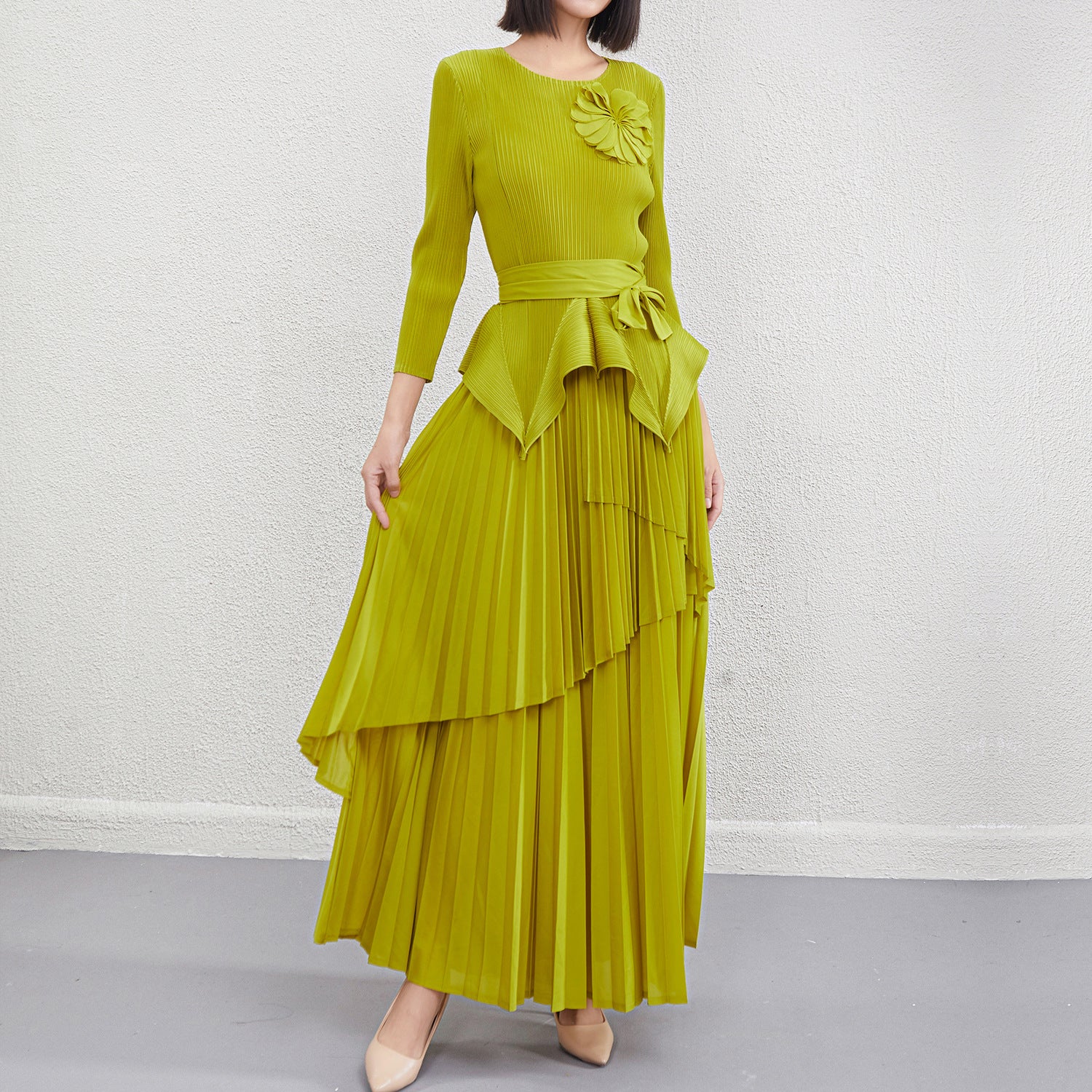 Pleats Please Two-Piece Set – Lace-Up Pleated Top & Irregular Swing Skirt