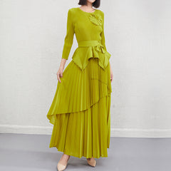 Pleats Please Two-Piece Set – Lace-Up Pleated Top & Irregular Swing Skirt