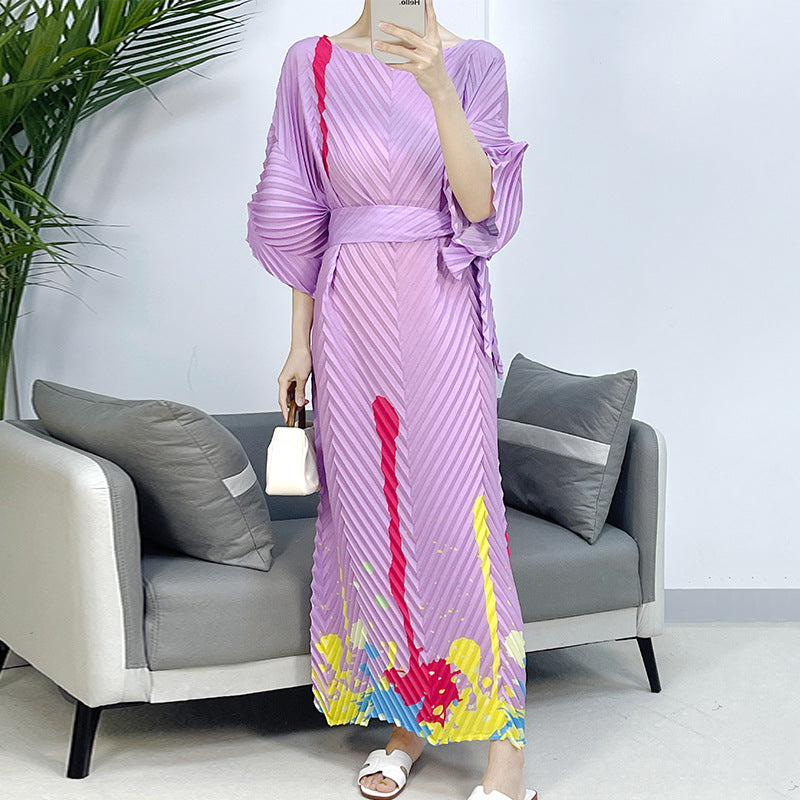 2025 Fall Winter Pleated Printed Maxi Dress – V-Fold Design, Elegant Casual Style for Women