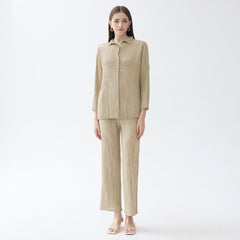 Pleated Solid Color Shirt and Straight Pants Set – Chic Two-Piece Outfit