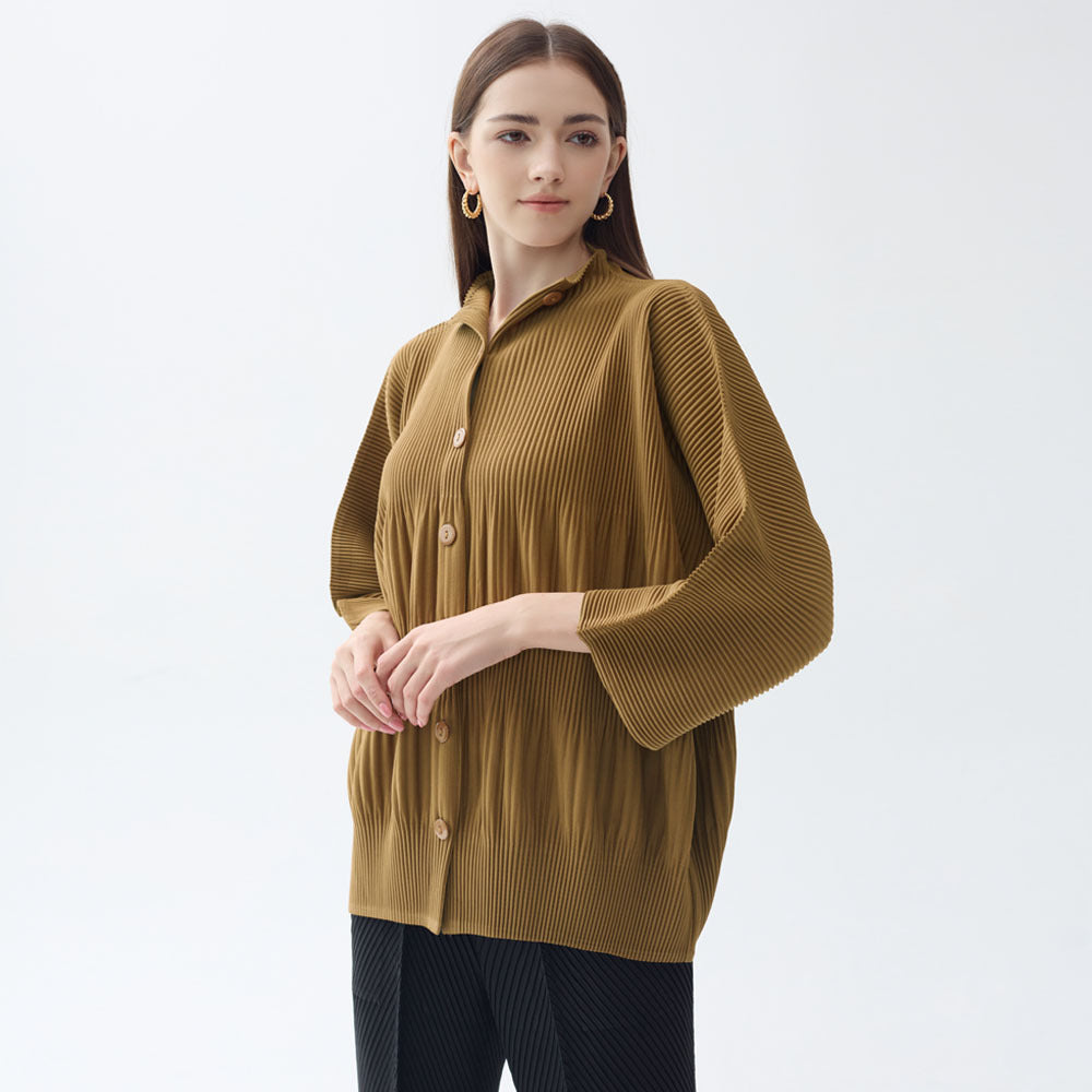Pleated Solid Color Shirt – Loose Long Sleeve Casual Women’s Top