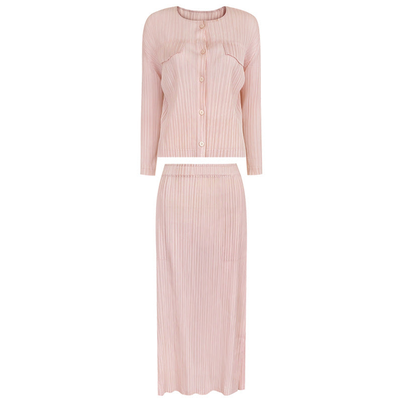 Pleated Shirt and Slit Skirt Set – Chic Two-Piece Women’s Outfit