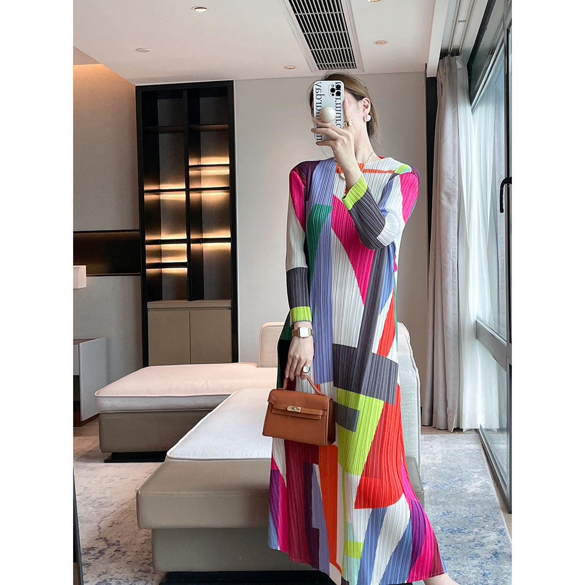 2025 Pleated Autumn New High-End Geometric Print Crew Neck Slim Slim Dress Elegant Long Skirt