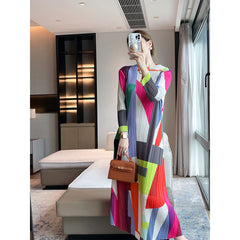 2025 Pleated Autumn New High-End Geometric Print Crew Neck Slim Slim Dress Elegant Long Skirt
