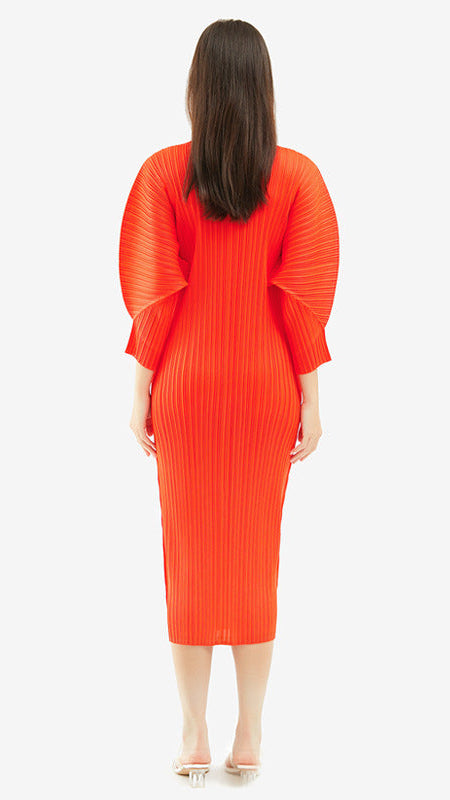 Pleated Casual A-Line Midi Dress – Slim Long Sleeve Women’s Style