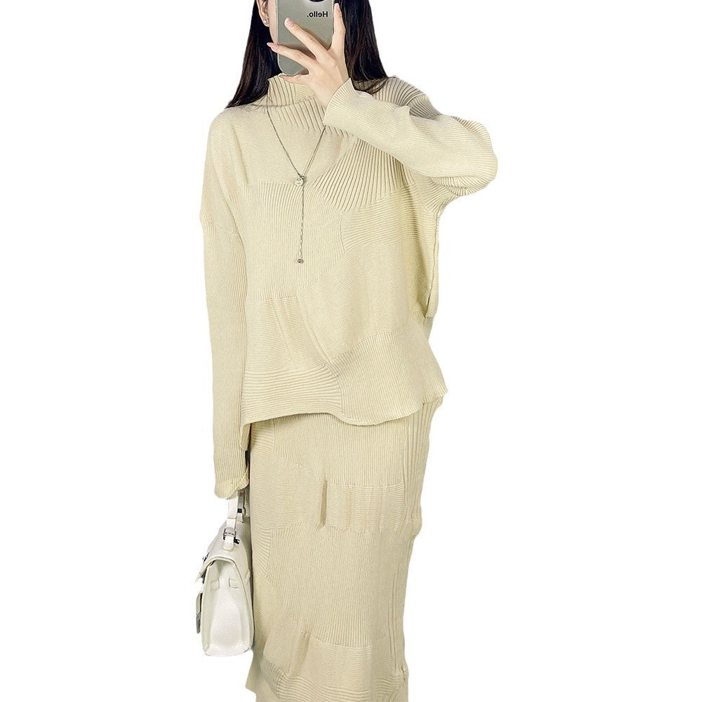 2025 Fall Winter Pleated Sweater Two-Piece Set – Semi-Turtleneck Top & Casual Skirt, Loose Fit Style for Women