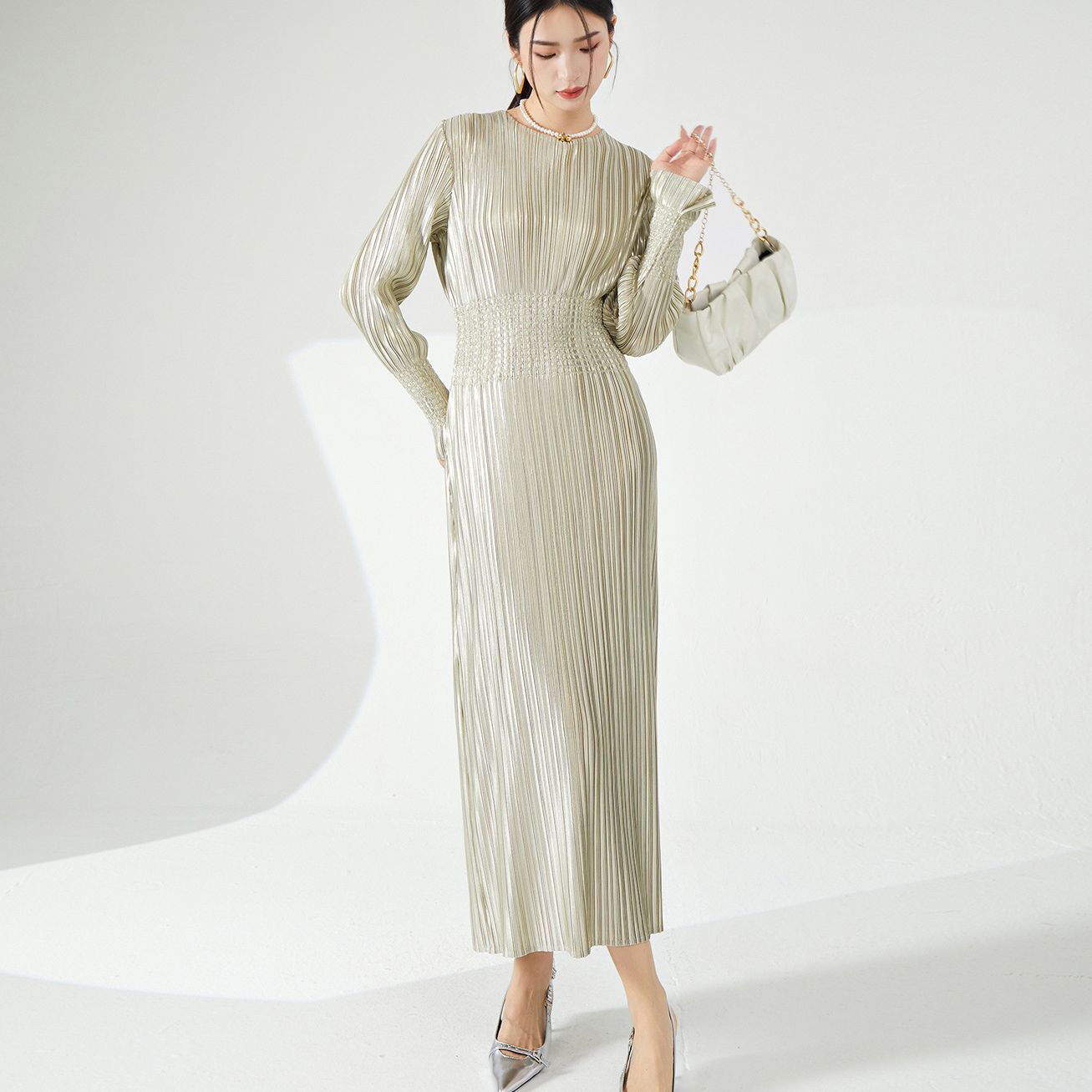 Pleats Please Long-Sleeve Bronzing Dress – Elegant Pleated Autumn Maxi