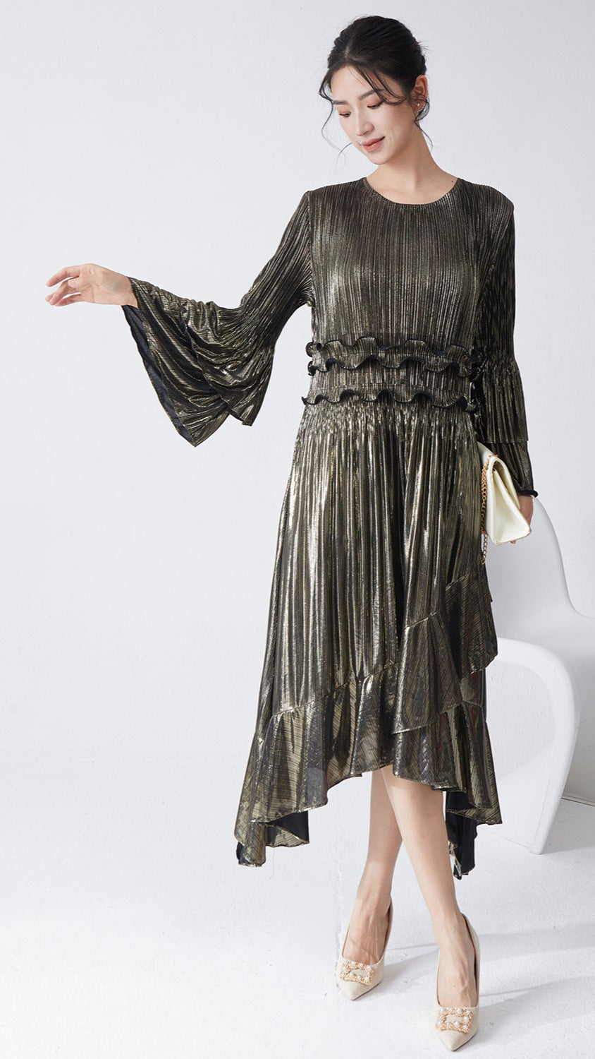 Pleats Please Flared Sleeve A-Line Dress – Irregular Hem Pleated Autumn Winter Style