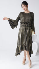 Pleats Please Flared Sleeve A-Line Dress – Irregular Hem Pleated Autumn Winter Style