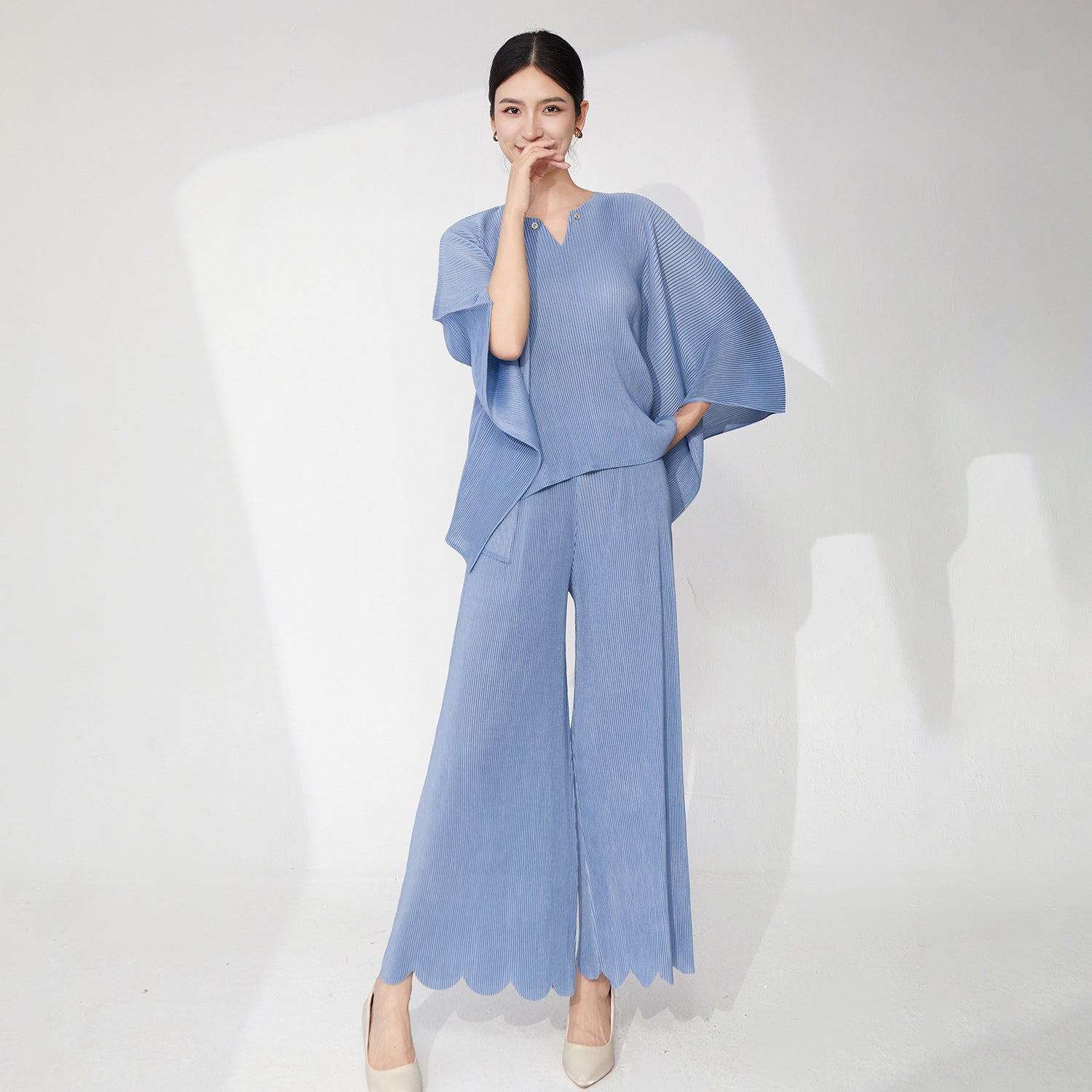 Pleats Please Plus-Size Summer Two-Piece Set – Irregular Top & Straight Pants