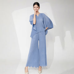 Pleats Please Plus-Size Summer Two-Piece Set – Irregular Top & Straight Pants