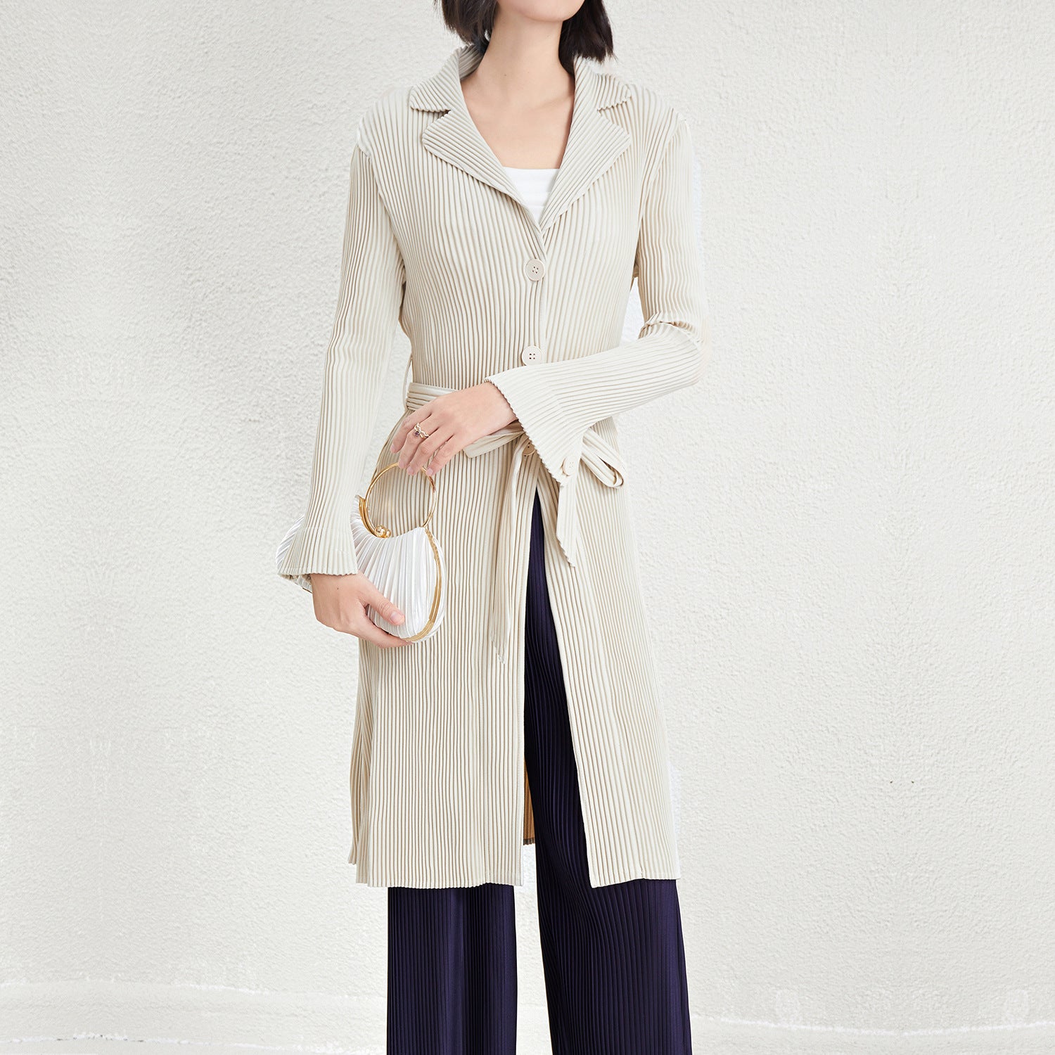 Pleated A-Line Mid-Length Trench Coat – Lace-Up Waist Women’s Outerwear