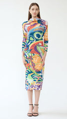 2025 New Spring Pleated Long Sleeve Casual Style Midi Skirt with Graffiti Colorful Slim Hooded Dress