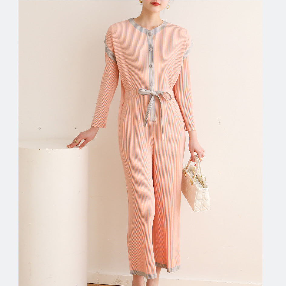 Pleated Color-Block Jumpsuit – Trendy Loose Fit, Casual Plus-Size Friendly Design