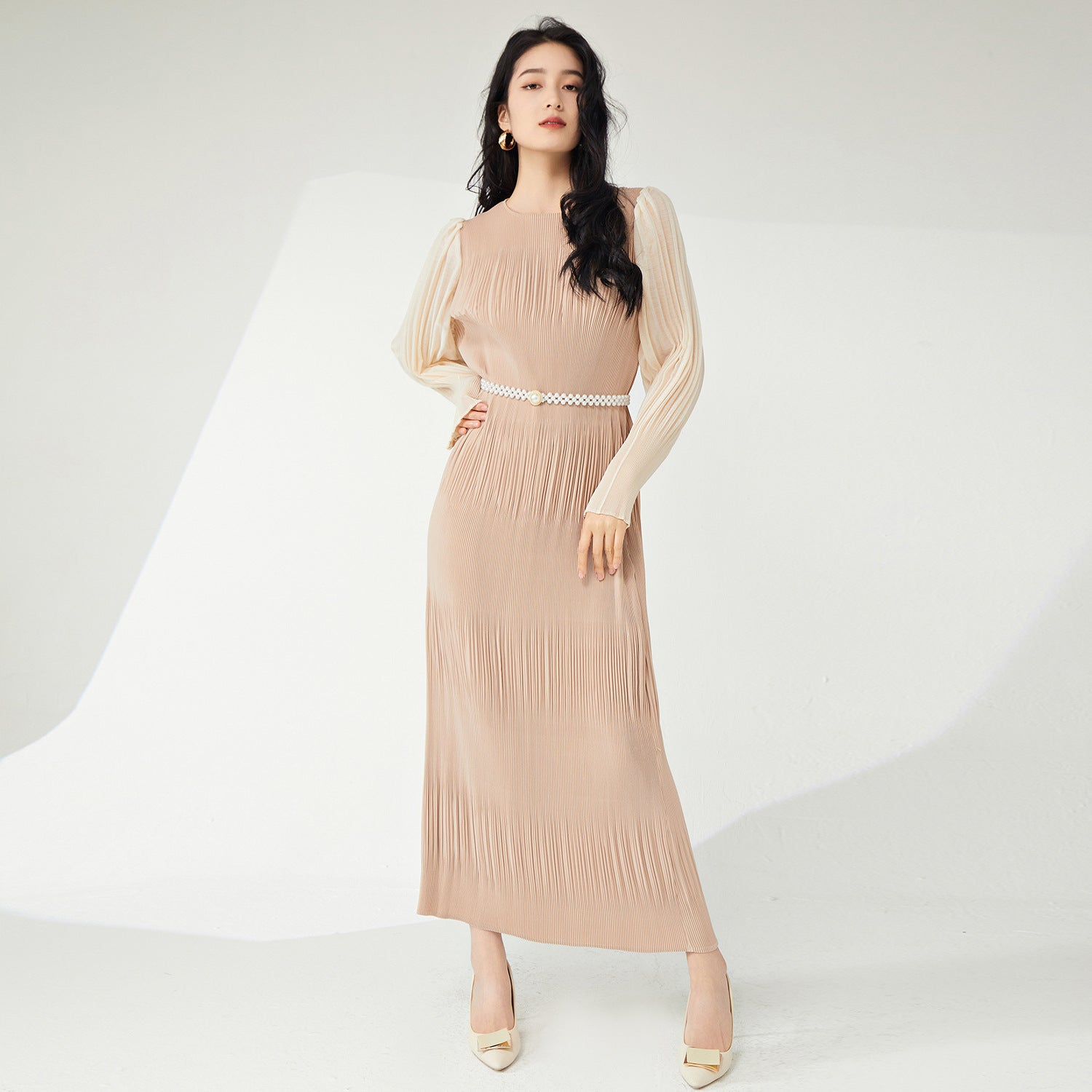 Pleats Please Lantern Sleeve Maxi Dress – Plus-Size Friendly Elegant Pleated Long Dress
