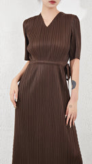 Pleats Please V-Neck Dress – Short-Sleeve Pleated Maxi, Loose Slimming Style