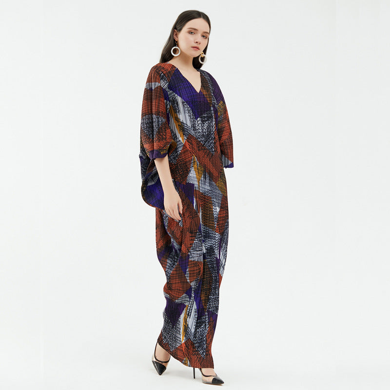 Pleated Printed Maxi Dress – Elegant Long High-End Women’s Style