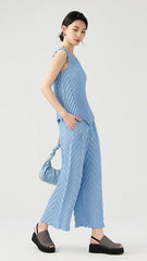 2025 Summer Pleated Plaid Two-Piece Set – Dopamine Vest & Straight-Leg Pants, Stylish and Comfortable