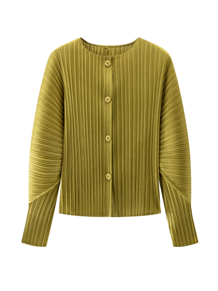 Women’s Spring Pleated Cardigan – Solid Color Round Neck Short Jacket