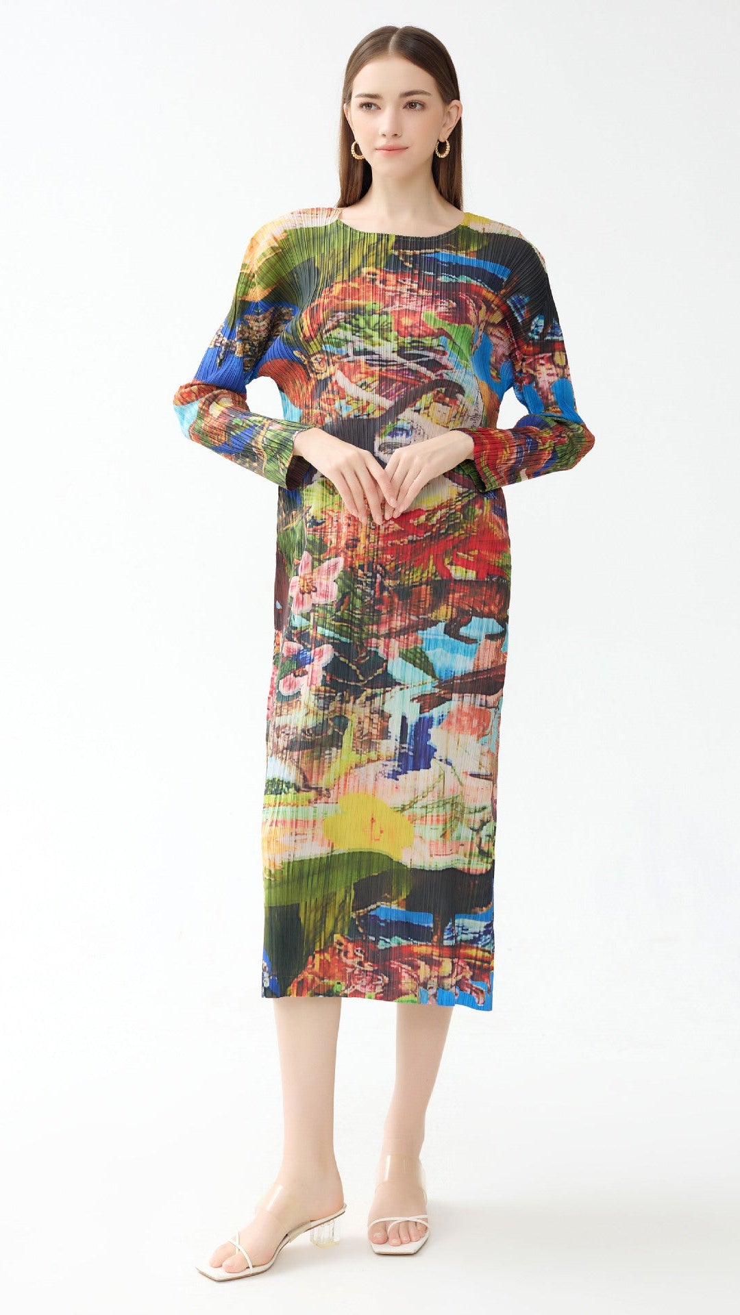 Miyake dress women's summer new pleated Jurassic print long sleeve crew neck A-line skirt long colored skirt