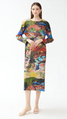 Miyake dress women's summer new pleated Jurassic print long sleeve crew neck A-line skirt long colored skirt