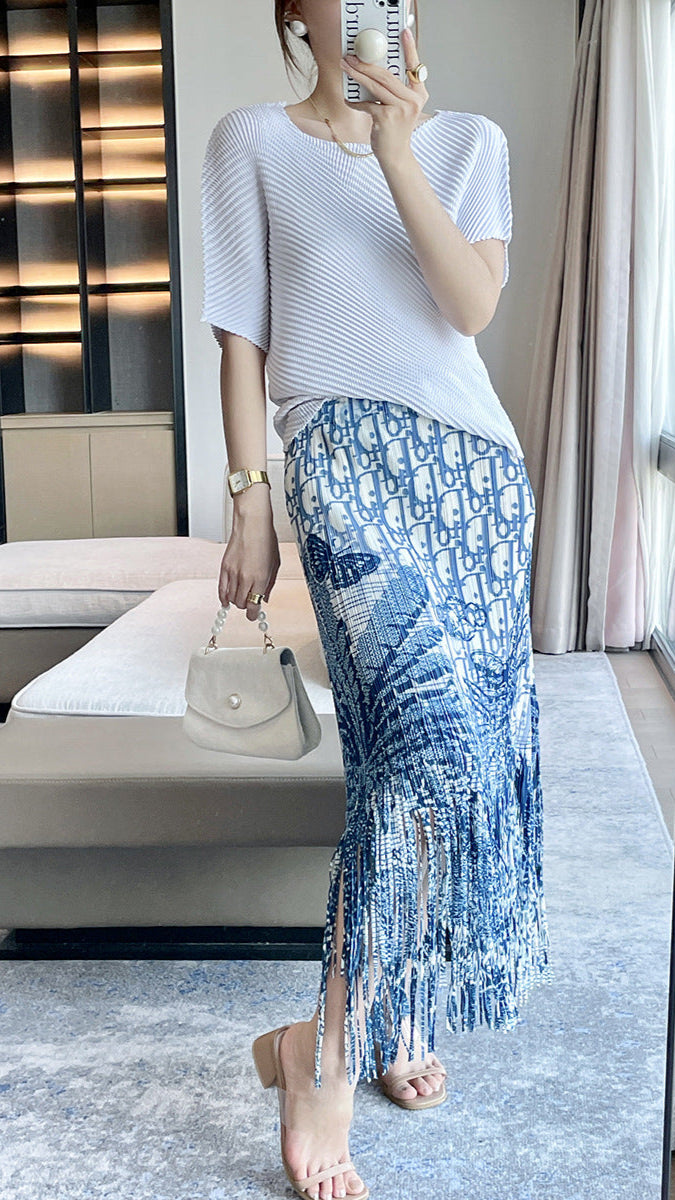 Pleated 2025 summer new high-end printed slimming Miyake skirt fringed temperament elegant design skirt