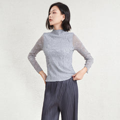 Pleated Chiffon Half-Turtleneck Top with Lace Detail – Elegant Women’s Blouse