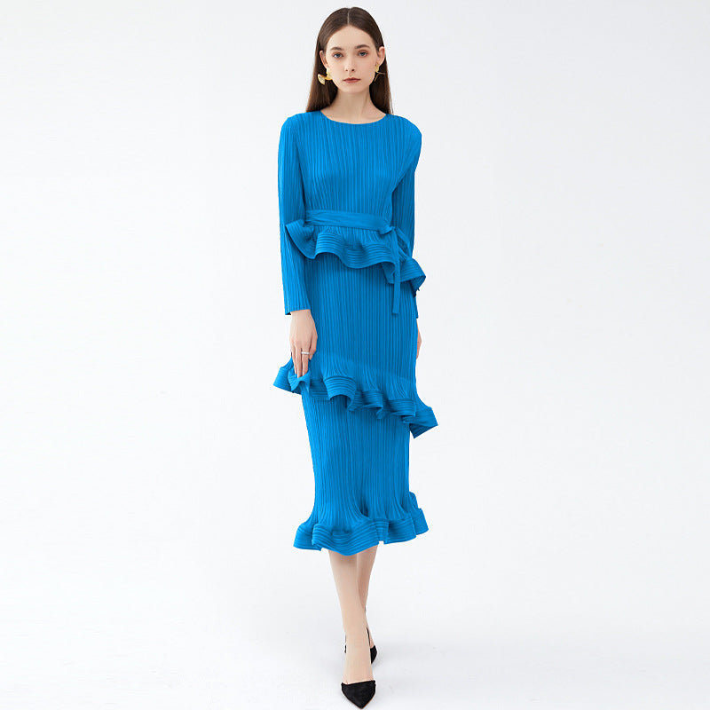 Pleated Ruffled Lace-Up Midi Dress – Slim Long Sleeve Women’s Style