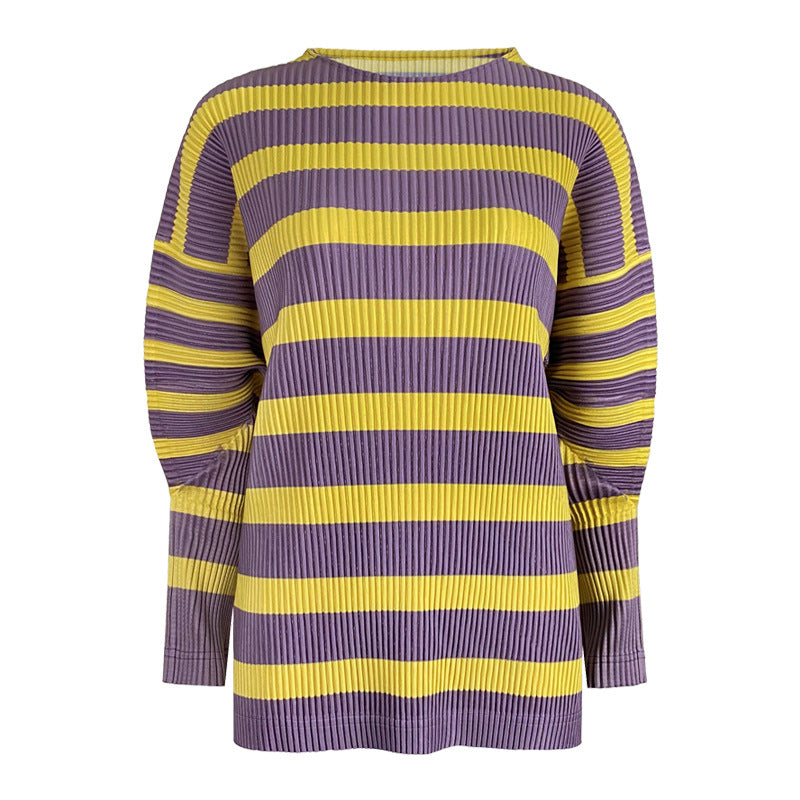 Pleated Striped Sweatshirt – Loose Long Sleeve Casual Women’s Top