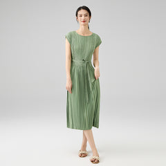 2025 Spring Summer Luxury Maxi Dress – Sleeveless Crew Neck, Lace-Up Waist, Elegant Loose Fit
