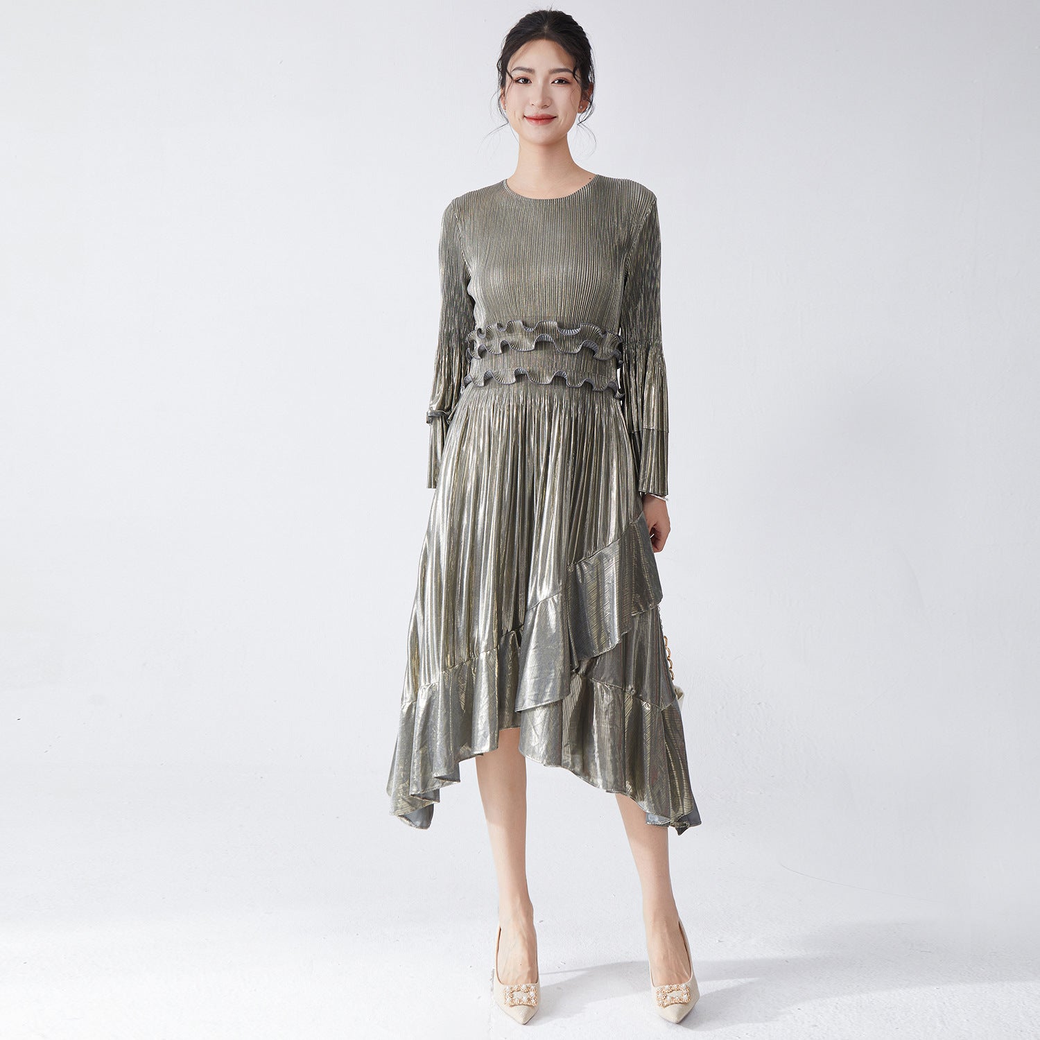 Pleats Please Flared Sleeve A-Line Dress – Irregular Hem Pleated Autumn Winter Style