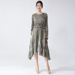 Pleats Please Flared Sleeve A-Line Dress – Irregular Hem Pleated Autumn Winter Style
