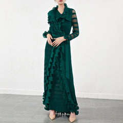 Pleated Ruffle Splice Long Sleeve Dress – Elegant and Modern Women’s Outfit