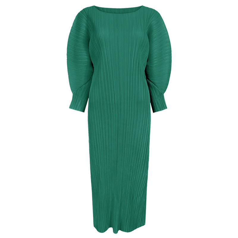 Pleated Casual A-Line Midi Dress – Slim Long Sleeve Women’s Style