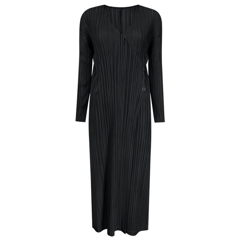 Pleats Please Long Trench Coat – Solid Color Pleated Double-Breasted Style