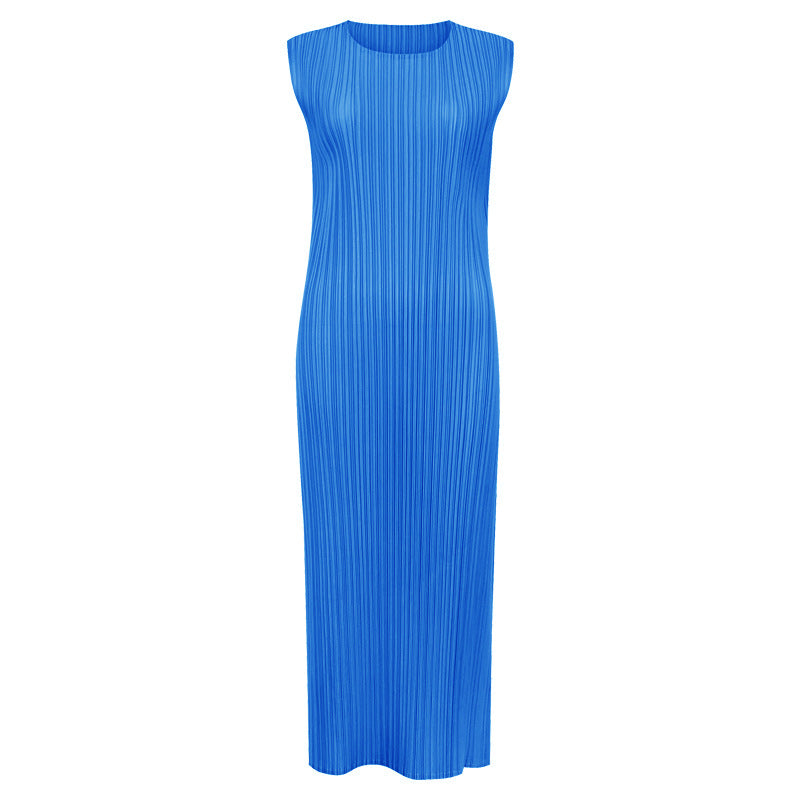 Japanese Style Sleeveless Pleated Dress – Round Neck Elegant Midi