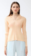 Pleated Polo Collar Top – Slim Fit Long Sleeve Casual Tee